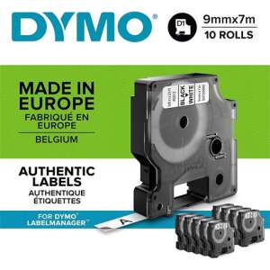 DYMO D1 feliratozó szalag, 10 db-os csomag, 9 mm x 7 m, fehér szalag, fekete szöveg - Dymo