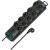 Angled view of Brennenstuhl black 10-socket power strip with two switches and EU plug