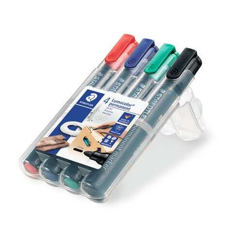 STAEDTLER Lumocolor 352 permanent marker set, 4 assorted colors, angled view