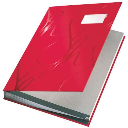 Leitz Design 18-part red signature book, open, showing the dividers