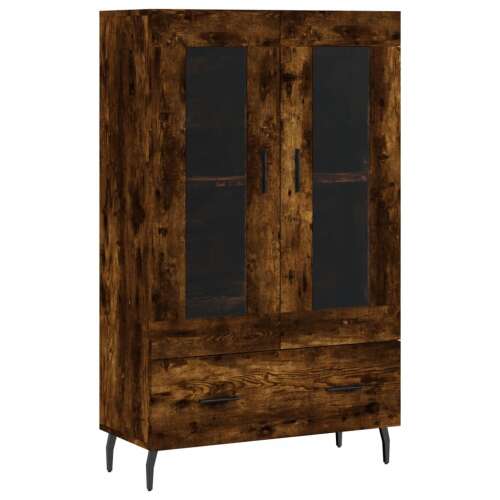 Füstös tölgy színű szerelt fa magasszekrény üvegajtókkal és fiókkal, 69,5 x 31 x 115 cm - Tálalószekrény