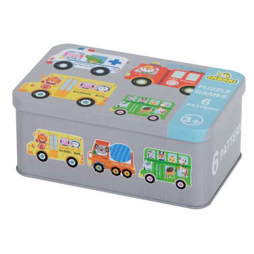 Puzzle Games Vehicles 30 - 6 különböző jármű mintával ellátott fa kirakós játék fém dobozban
