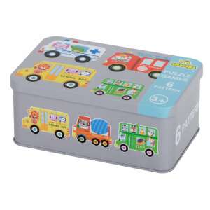 Puzzle Games Vehicles 30 - wooden puzzle with 6 different vehicle patterns in a metal tin box - JM