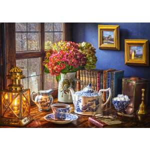 Puzzle Castorland Tea Time 500 elementów, przedstawiające przytulną scenę z czajnikiem, filiżankami do herbaty i kwiatami - Castorland Puzzle