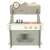 Gray and white wooden play kitchen for kids with a sink, stove, and oven