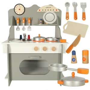 Wooden play kitchen set for kids with sink, stove, oven, clock, utensils, and accessories - Play Kitchen & Toy Kitchen