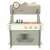 Gray and white wooden play kitchen for kids with a sink, stove, and oven