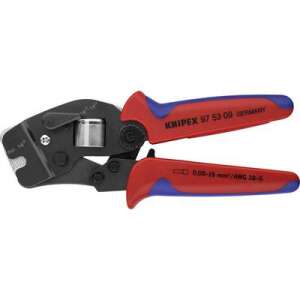 Knipex 97 53 09 Crimpzange für Drahtendhülsen, rote und schwarze Griffe, schräge Ansicht - Knipex