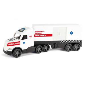 Jucărie Wader Magic Truck Ambulanță, 80cm lungime, alb și negru, cu remorcă, strălucește în întuneric - Mașină de lucru pentru copii