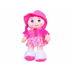 Cuki kalapos rongybaba, pink rag doll with hat and floral dress, full view - Nonbrand Baba
