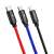 Baseus 3-in-1 USB-A to USB-C, Lightning, and Micro USB cable, red, blue, and black