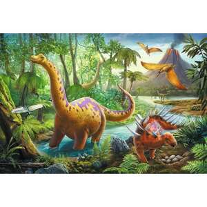 Puzzle Trefl cu dinozauri, 60 de piese, prezentând un brachiosaurus, un stegosaurus, pterodactili și un vulcan - Puzzle