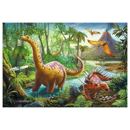 Puzzle Trefl s dinosaurami, 60 dielikov, zobrazujúce brachiosaura, stegosaura, pterodaktyly a sopku
