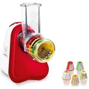 Tefal MB813538 elektromos szeletelő, piros és fehér színben, átlátszó műanyag tartállyal és cserélhető pengékkel, bemutatva az összes tartozékát - Szeletelő gép