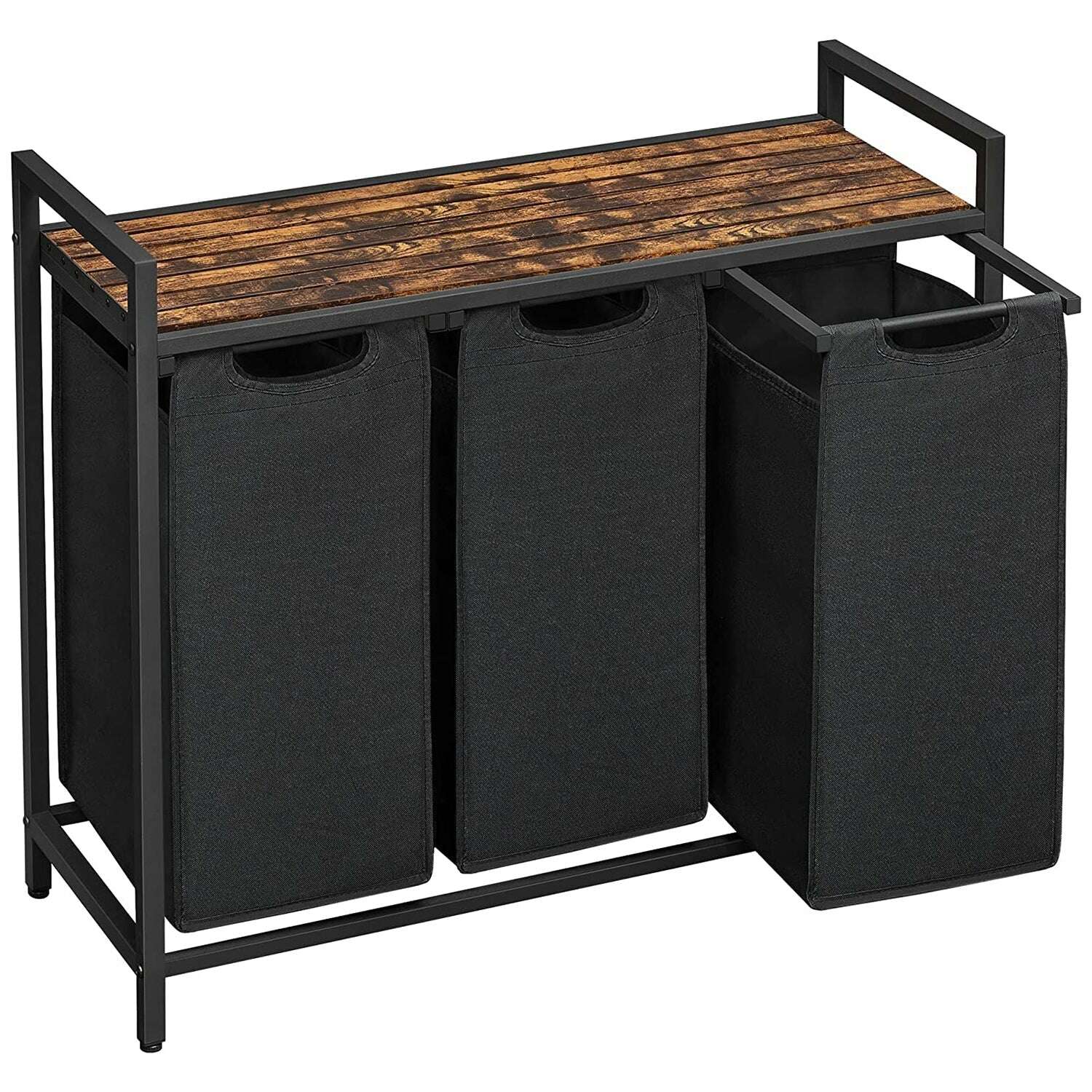 VASAGLE Cos de rufe, 3 compartimente, saci de rufe detasabili, raft, cadru metalic, 3x38L, 93x33x72 cm, maro rustic si negru