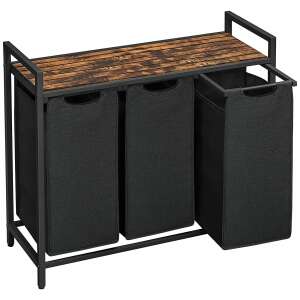 VASAGLE Cos de rufe, 3 compartimente, saci de rufe detasabili, raft, cadru metalic, 3x38L, 93x33x72 cm, maro rustic si negru