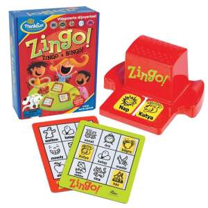 ThinkFun Zingo! Bingo с Zing настолна игра, показваща кутията на играта, дъската и картите - Настолна игра и Маса за джаги и аксесоари