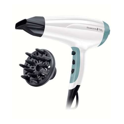 Remington Shine Therapy hair dryer with diffuser attachment, white and blue
