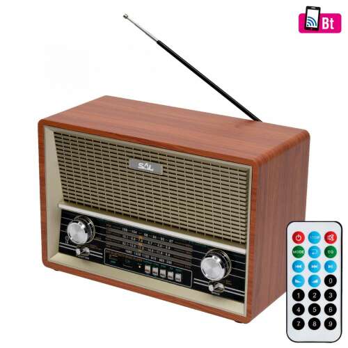 Radio stołowe SAL RRT 4B Retro z Bluetooth, radiem AM/FM/SW, odtwarzaczem MP3 USB/microSD, pilotem i drewnianym korpusem
