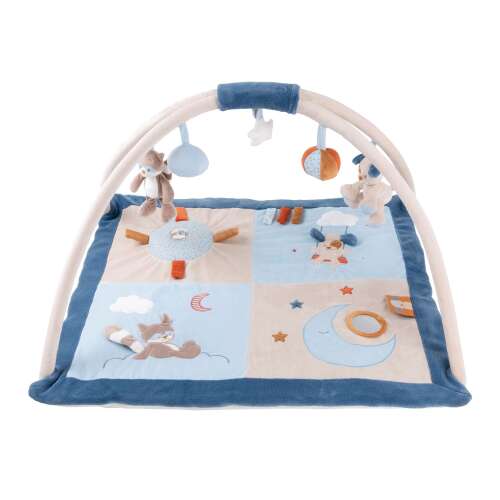 Nattou Jim and Bob baby play mat with arch, plush, blue and beige, for newborns and infants
