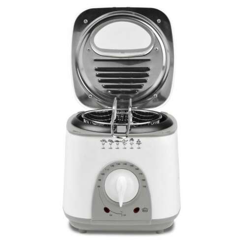Trevi CL269 Electric Deep Fryer, white and grey, open lid, showing basket and controls