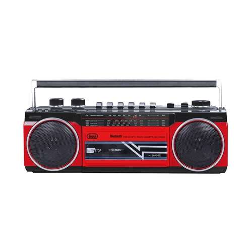 Prenositelný kazetový rádioprijímač Trevi RR501 červenej farby s Bluetooth, AM/FM rádio, čítačka USB a SD kariet