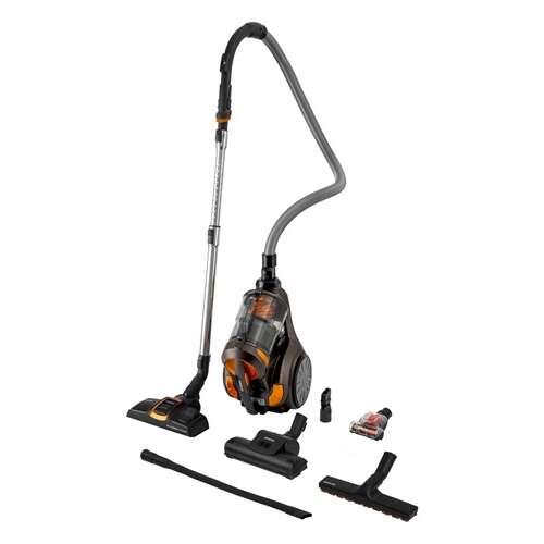 Sencor SVC1080TI bagless vacuum cleaner with accessories, including a crevice tool, upholstery nozzle, and dusting brush