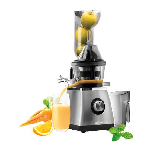 Sencor SSJ4070SL slow juicer extracting juice from fruits and vegetables