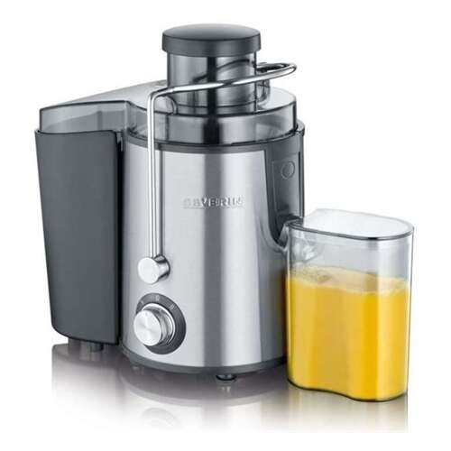 Severin ES3566 stainless steel juicer with a glass of orange juice