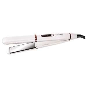 Sencor SHI3100VT hair straightener, white with rose gold accents, titanium care, angled view - Sencor