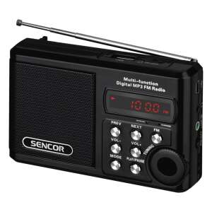 Czarne radio cyfrowe MP3 FM Sencor SRD215B z teleskopową anteną, gniazdem USB i kartą SD