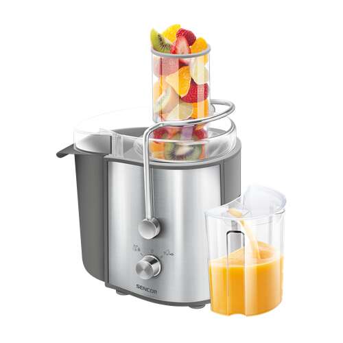 Sencor SJE 1055SS juice extractor with fruit in the feeding tube and a glass of orange juice