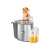 Sencor SJE 1055SS juice extractor with fruit in the feeding tube and a glass of orange juice