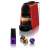 DeLonghi EN 85.R Nespresso Essenza Mini capsule coffee machine in red, with a box of Nespresso capsules and three Nespresso capsules