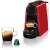 DeLonghi EN 85.R Nespresso Essenza Mini capsule coffee machine in red, with a cup of coffee and two Nespresso capsules