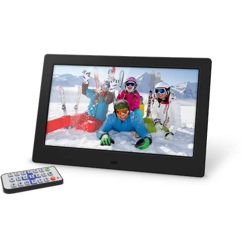 Sencor SDF 1081 B digital photo frame with remote, displaying family ski trip photos.
