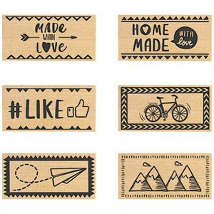 Válogatás a Trendhaus Adventure fa nyomdáiból, mintákkal: 'Made with Love', '#Like', papírrepülő, kerékpár, hegyek és 'Home Made'. - Nyomda