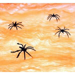 Orangefarbenes Spinnennetz mit schwarzen Spinnen für Halloween-Dekoration - Partydeko