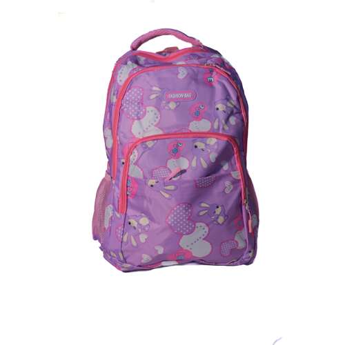 Nagyméretű hátizsák, iskolatáska, 4 cipzáras rekesz, lila, nyuszis minta