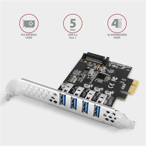 Axagon 4x USB 3.2 Gen1 PCIe Erweiterungskarte, 5 Gbps Datenübertragungsrate, 4 Ports - AXAGON