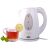 Adler AD1207 white electric kettle with tea cup and lemon slice.
