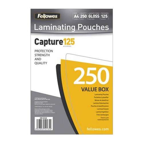 Fellowes Capture125 lamináló tasakok, 250 db-os csomag, A4 méret, 125 mikron, fényes kivitel