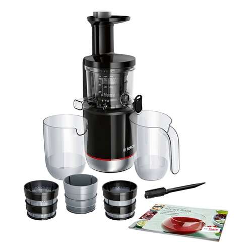 Bosch MESM731M slow juicer with 3 filters, 2 jugs, cleaning brush, and recipe book