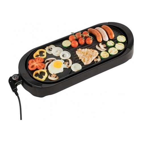 Home by Somogyi HGGR02 black electric tabletop grill in use with sausages, vegetables, and egg