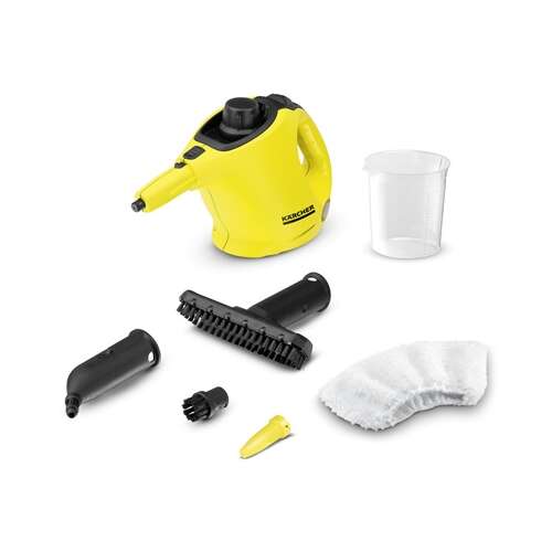 Parný čistič Karcher SC1 s príslušenstvom na bielom pozadí