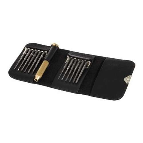 Hama Mini screwdriver set with 12 interchangeable bits in a black leather case