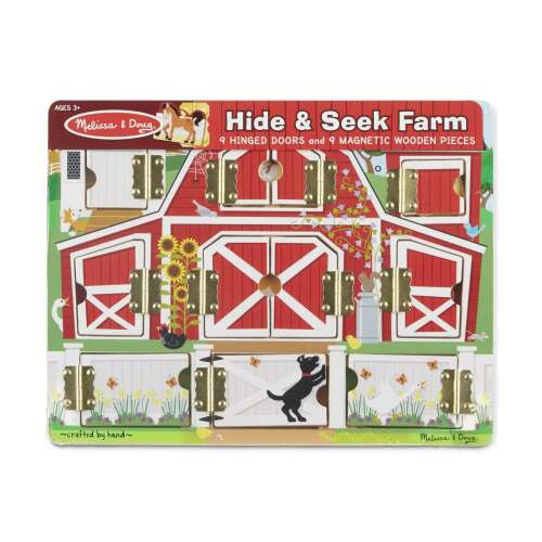 Melissa & Doug Fermă de joacă cu ascunse, jucărie din lemn cu 9 uși cu balamale și 4 piese magnetice din lemn, animale de la fermă, jucărie educativă pentru copii