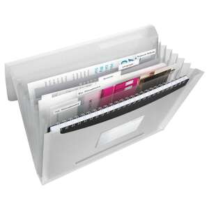 Esselte Vivida white A4 PP accordion folder with 6 pockets, open, showing documents and labels - Accordion folder
