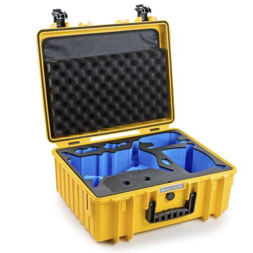 Cutie B&W 6000 DJI FPV pentru dronă, galbenă, deschisă, arătând interiorul cu inserții personalizate din spumă