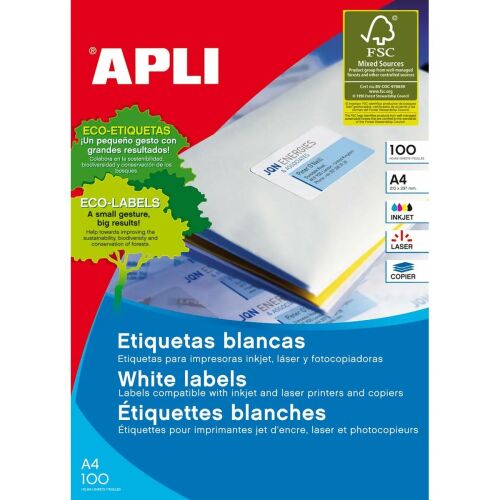 APLI A4 White Universal Label Stickers - 100 Sheets for Inkjet, Laser, and Copier Printers